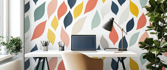 Poster - A workstation with a laptop, and desk lamp on a white table in a minimalist interior with a patterned wallpaper wall