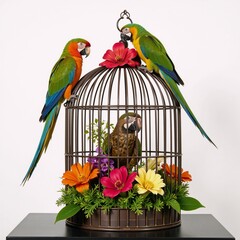 Wall Mural - A floral-adorned birdcage houses a singular bird