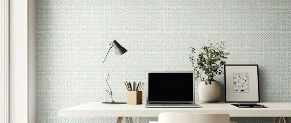 Poster - A workstation with a laptop, and desk lamp on a white table in a minimalist interior with a patterned wallpaper wall