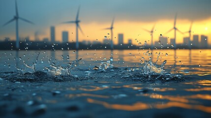 Aufkleber - Raindrops create splashes on the water's surface as a vibrant sunset illuminates a city skyline in the background, framed by wind turbines.