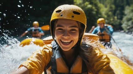 Cheerful young woman enjoying a thrilling whitewater rafting adventure with friends, surrounded by splashing water and lush greenery, embodying fun and excitement