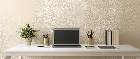 Poster - Minimalist modern home office desk with a laptop, and stationery on a white table against a wall with patterned wallpaper