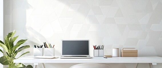 Poster - Minimalist modern home office desk with a laptop, and stationery on a white table against a wall with patterned wallpaper