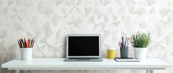 Poster - Minimalist modern home office desk with a laptop, and stationery on a white table against a wall with patterned wallpaper