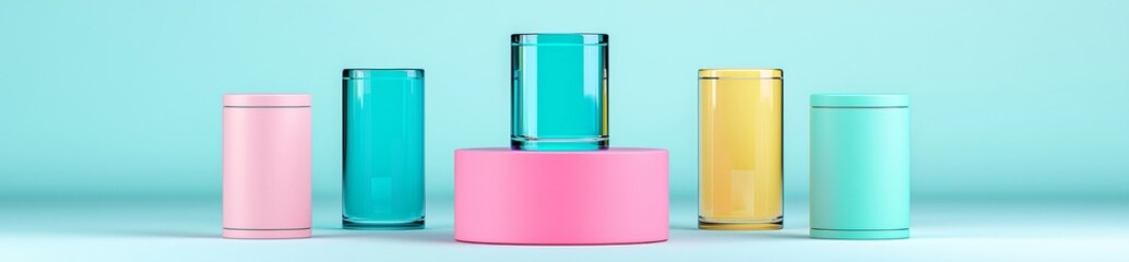 Poster - The podium is a 3d glass cylinder with a plexiglass cylinder for the display of the product inside, a crystal box for the display of the product, a hexagonal pedestal with light reflection, and a