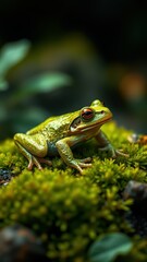 Wall Mural - A vibrant green frog rests on a bed of lush moss during the afternoon