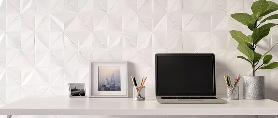 Poster - Minimalist modern home office desk with a laptop, and stationery on a white table against a wall with patterned wallpaper