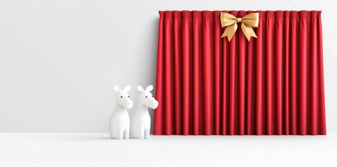 Poster - Decorative red window curtains isolated on transparent background. Soft lightweight clear material and fabric draperies in different forms. Realistic 3D modern illustration of modern red window