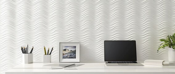 Poster - Minimalist modern home office desk with a laptop, and stationery on a white table against a wall with patterned wallpaper