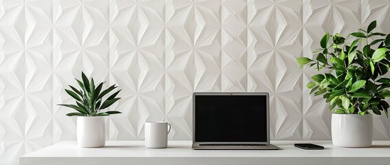 Poster - a modern home office desk with a laptop and coffee cup on a white table against a wall decorated with a geometric pattern wallpaper
