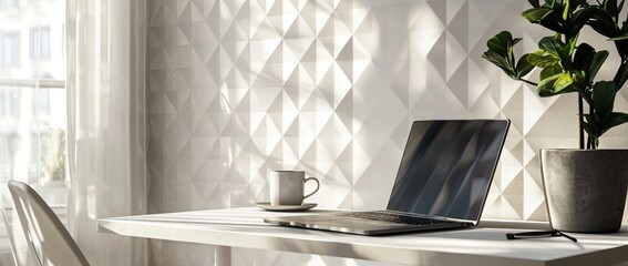 Poster - a modern home office desk with a laptop and coffee cup on a white table against a wall decorated with a geometric pattern wallpaper
