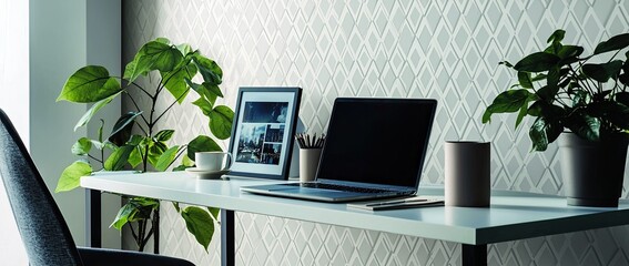 Poster - a modern home office desk with a laptop and coffee cup on a white table against a wall decorated with a geometric pattern wallpaper