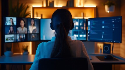 Poster - A woman is sitting in front of a computer with a headset on