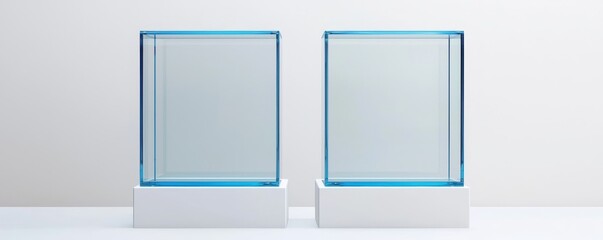 Poster - Crystal block, exhibition or award podium, isolated glossy object, realistic 3D modern illustration of an exhibition stand or display, transparent boxes on wood or plastic bases.