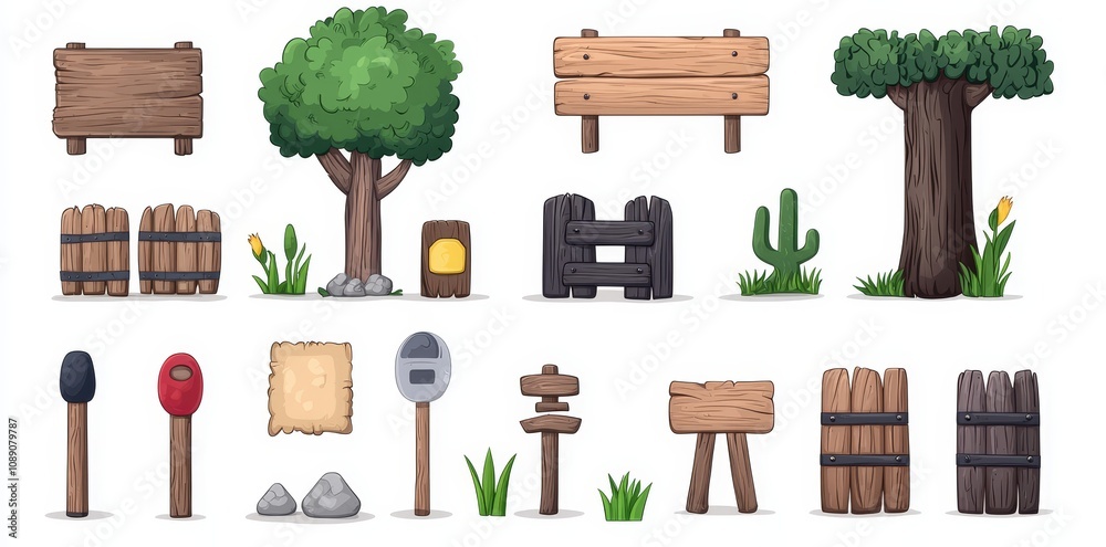 Isolated 2D modern icons set with game buttons of wooden and gold ...