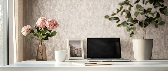 Poster - a modern home office desk with a laptop and coffee cup on a white table against a wall decorated with a geometric pattern wallpaper