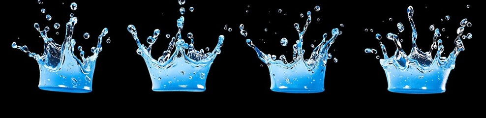 Poster - Animation sprite sheet for motion graphics or mobile games. Aqua dynamic splashing with drops in shape of crowns. Realistic 3D modern illustration.