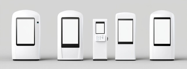 Poster - Modern mockup of self-order kiosk with sensor panel, receipts, and POS terminal. Innovative self-service counter, interactive wall or floor stand.
