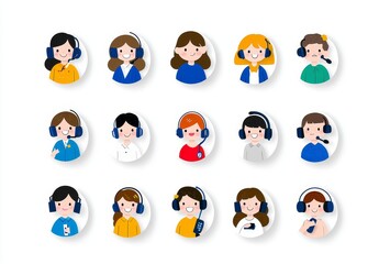 Poster - An avatar of a support agent. A modern flat icon set of call center operators with headsets, women and men working on a live chat or contact hotline.