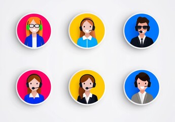 Poster - Customers service representatives with flat icons. Call center operators with headset, men and women working at hotlines.