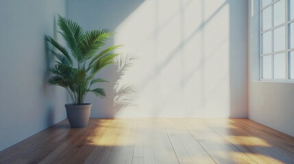 Poster - A large potted palm plant sits in the corner of a room with a large window