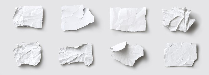 Poster - There are multiple crumpled torn paper sheets, ragged blank pages with wrinkles and ripped borders. There is an empty white notepad piece isolated on a transparent background.