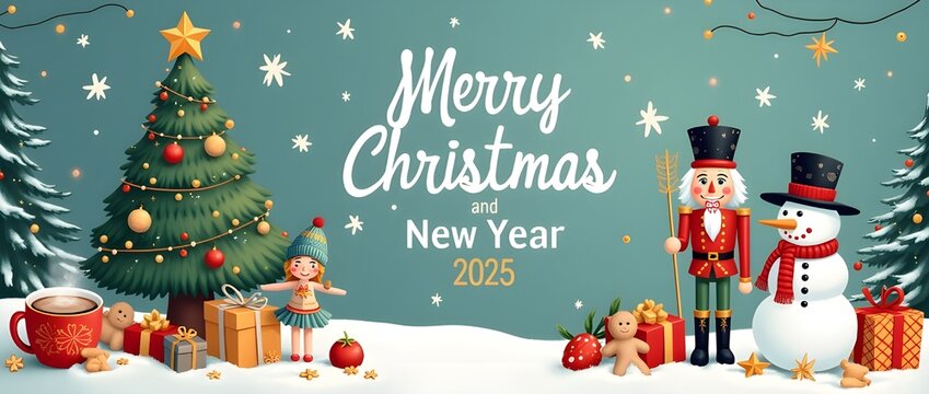 Merry Christmas new year 2025 greeting card background template with snowy scene gifts and cartoon ornaments 