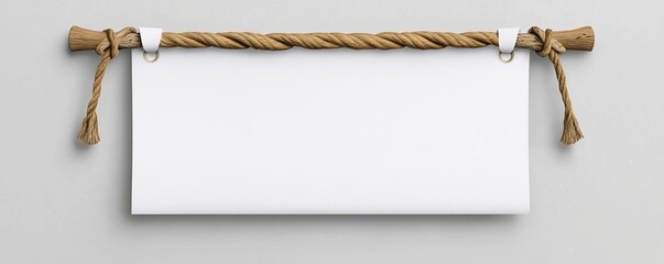 Poster - An advertising banner made of white canvas material, hung on a rope. 3D empty textile material poster mockup set isolated on transparent background. Hanging cloth signboard.