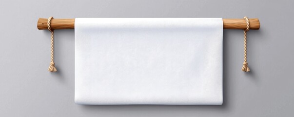 Poster - Hanging blank fabric horizontal banner on rope for advertising. 3d empty textile material poster mockup set isolated on transparent background.