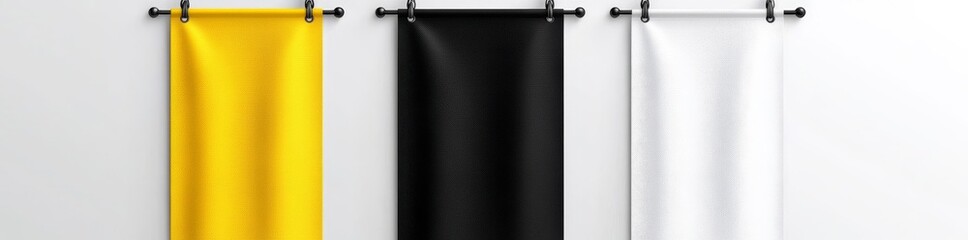 Poster - Banners hanging on ropes isolated on transparent background showing a convincing set of fabric banners in yellow, red, black, and white colors. A blank background is provided for the text to be
