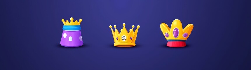 Poster - Gold crowns set isolated on black background. Modern cartoon illustration of royal symbol, gold metal jewelry with gem stone decoration, medieval treasure design, king or queen accessory, game rank.