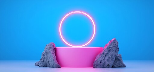 Poster - In a futuristic design studio, cylinder shape stage, product presentation pedestal, halo illumination effect on wall. Modern realistic illustration in white light circle background.