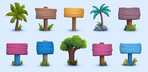 Poster - an isolated set of forest wood sign board elements for a game cartoon. tropical arrow billboard temp