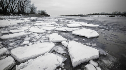 Frozen river with icy landscape in winter, snowy forest and overcast sky, scenic natural view of frosty season, beautiful cold outdoor park and nature reflecting serene climate of polar countryside
