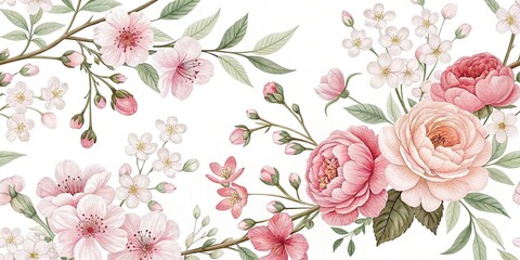  Delicate floral pattern featuring cherry blossoms peonies and garden roses, pastel colors, garden rose, floral pattern, delicate design, romantic aesthetic