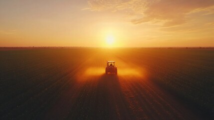 Poster - A tractor is driving through a field at sunset