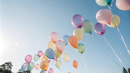 Wall Mural - delicate rainbow colored balloons floating in mid air, serene atmosphere, dreamy scene