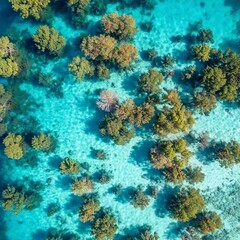 Wall Mural - an aerial shot of a vibrant coral reef with crystal-clear turquoise waters. Capture the intricate patterns of the coral formations and the diverse marine life swimming above the reef