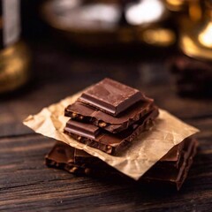 Wall Mural - An aerial shot of a bar of chocolate, with the bar in sharp focus and the background gently fading into a blurred backdrop, emphasizing its rich and fudgy texture