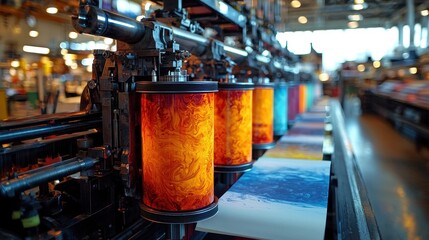 Poster - a vibrant printing machine producing colorful designs on cans, showcasing modern industrial manufact