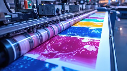 Poster - A vibrant printing press showcasing colorful patterns being printed on large sheets of paper.