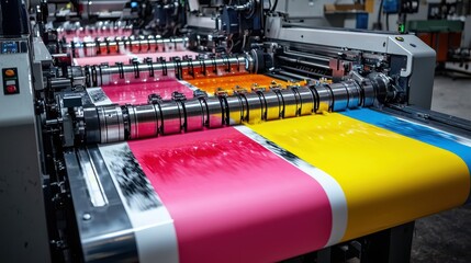 Poster - A vibrant printing press showcasing colorful ink rolls and machinery in action, highlighting modern printing technology and processes.