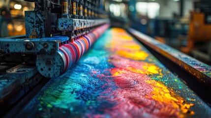Poster - A vibrant, colorful printing press showcasing a spectrum of hues as ink flows across the rollers, highlighting the art of industrial printing.