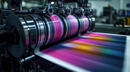 Poster - A vibrant printing machine in action, showcasing colorful patterns being printed onto paper, highlighting the art of modern printing technology.