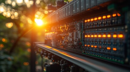 Poster - As the sun sets, the warm glow highlights a circuit board filled with illuminated LEDs, surrounded by lush greenery. The atmosphere blends technology and nature.