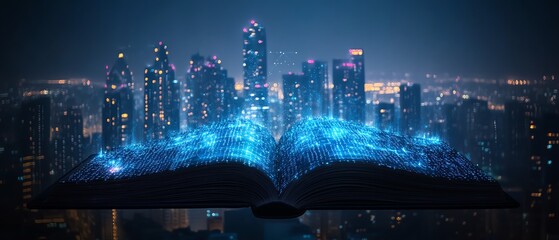 Poster - City skyline at night popping from open book, symbolizing IoT automation, wireless data networks, and the evolution of smart working systems