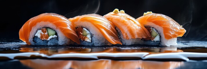 Canvas Print - Fresh salmon sushi rolls sit on a dark surface steaming gently