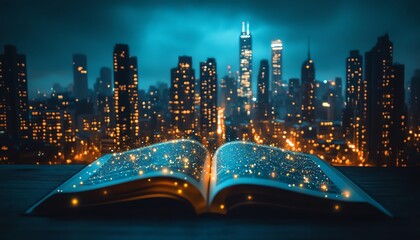Poster - City skyline at night popping up from open book pages, showcasing IoT automation, wireless data, and smart working systems in a digital age