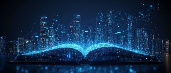 Poster - City skyline at night popping from open book, symbolizing IoT automation, wireless data networks, and the evolution of smart working systems