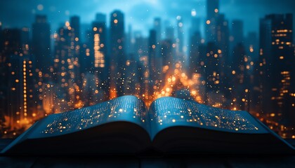 Poster - City skyline at night popping up from open book pages, showcasing IoT automation, wireless data, and smart working systems in a digital age